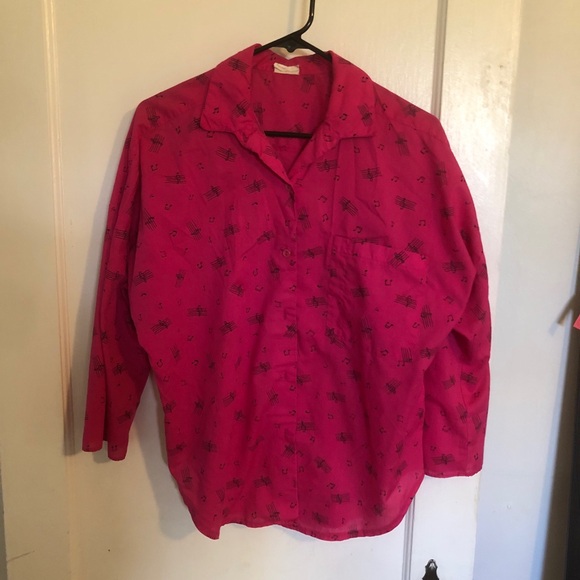 Cutest Vintage 80’s 3/4 sleeve Hot Pink Music Note Blouse M/L - Picture 2 of 8